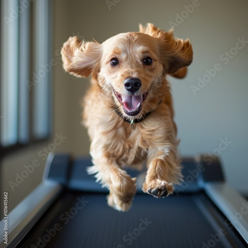 A joyful dog running on a treadmill, showcasing exercise and playfulness indoors. photo