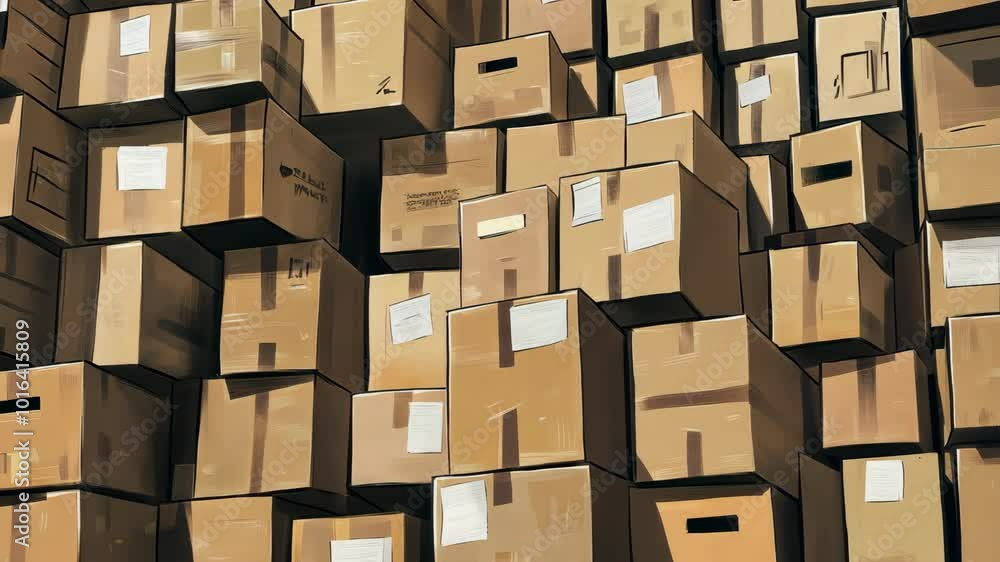 A stack of cardboard boxes fills a warehouse, ready for shipping A stack of cardboard boxes fills a warehouse, ready for shipping