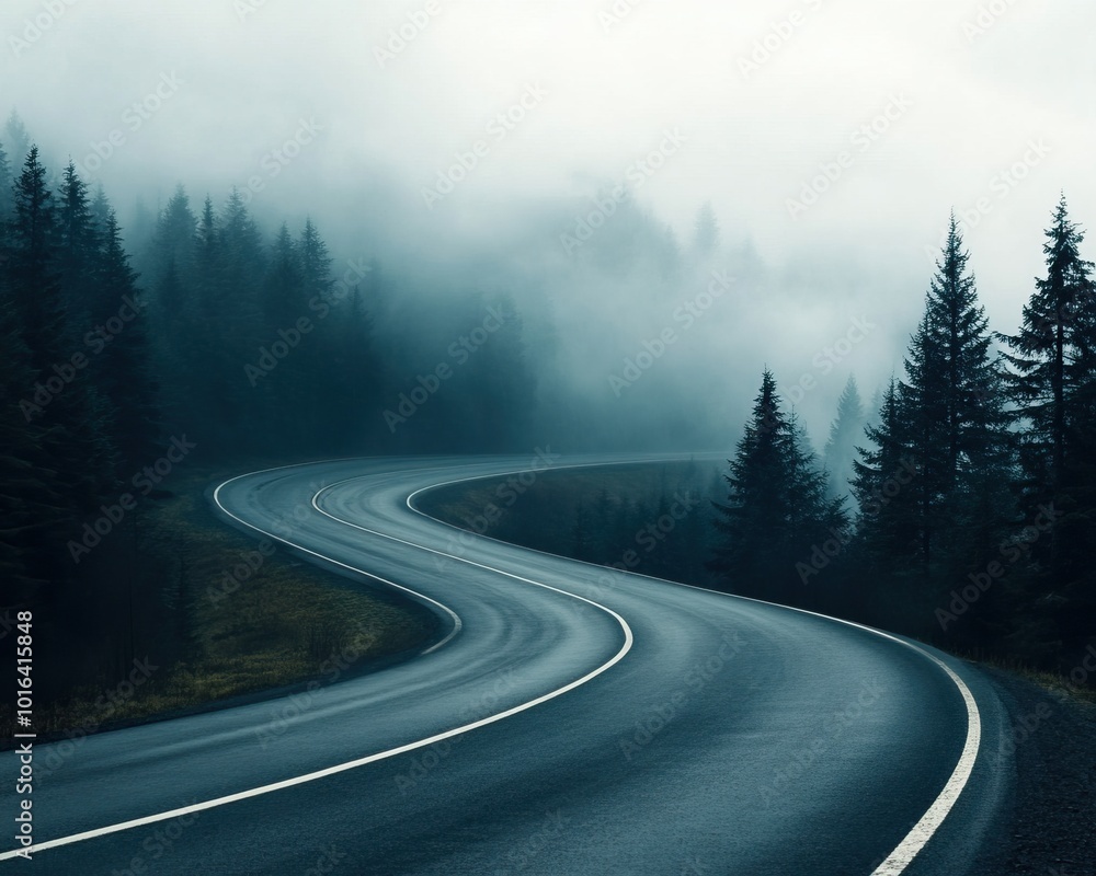 Naklejka premium Winding road through misty forest with tall trees and dramatic fog.