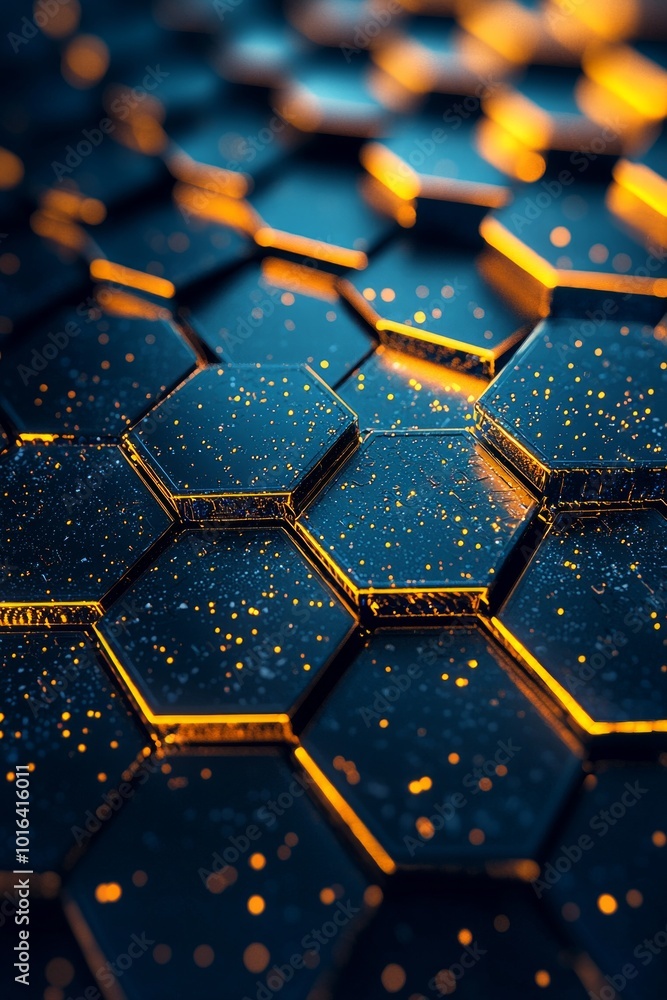 Abstract background with hexagonal golden glowing elements, dark blue and yellow colors. Abstract background with hexagonal golden glowing elements, dark blue and yellow colors.