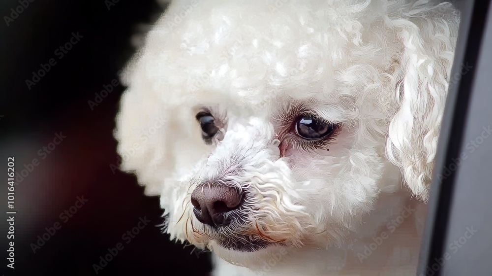 Adorable Bichon Frise looking out of the car window during a joyful travel journey, capturing the excitement and curiosity of this charming dog as it explores the world outside on a sunny day Adorable Bichon Frise looking out of the car window during a joyful travel journey, capturing the excitement and curiosity of this charming dog as it explores the world outside on a sunny day