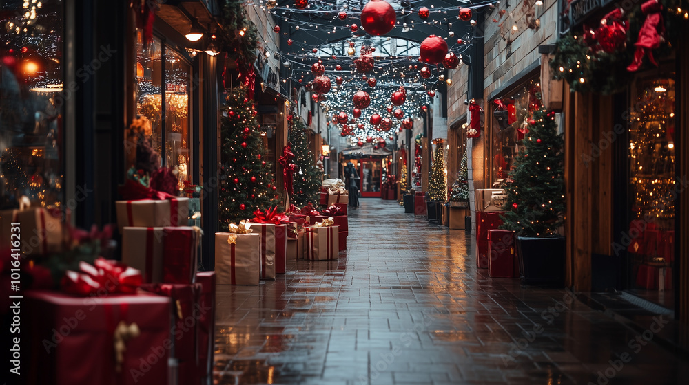 Naklejka premium A hall with stores decorated for Christmas 