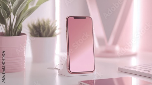 Rose gold iPhone charging on a white desk, surrounded by minimalist decor and soft lighting