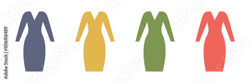 Vector illustration of four stylish dresses in different colors, ideal for fashion and wardrobe-related designs.