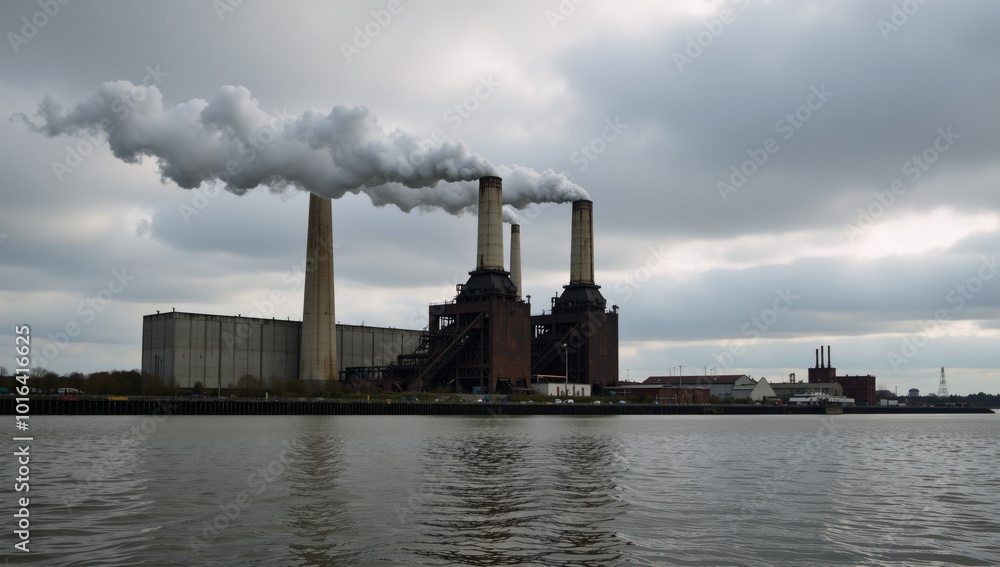 A polluted river surrounded by towering smokestacks from an industrial factory A polluted river surrounded by towering smokestacks from an industrial factory