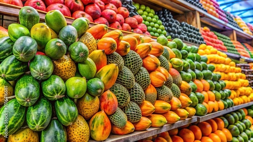 Vibrant papayas stacked in a supermarket fruit rack, each with a price tag, showcasing a colorful and inviting display of fresh tropical fruit for sale. photo