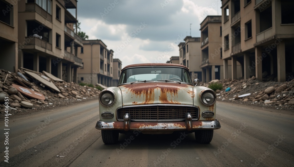 Car amidst wreckage Old Rusted Ruined City under Cloudy Sky Car amidst wreckage Old Rusted Ruined City under Cloudy Sky