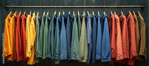 A row of neatly organized clothes with space for a promotional message above them