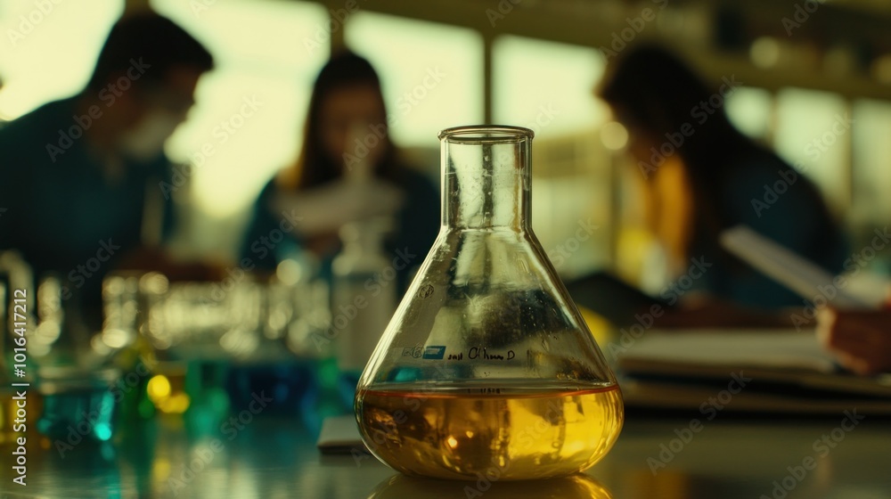 A laboratory scene featuring a flask with a yellow liquid and blurred figures in the background. A laboratory scene featuring a flask with a yellow liquid and blurred figures in the background.