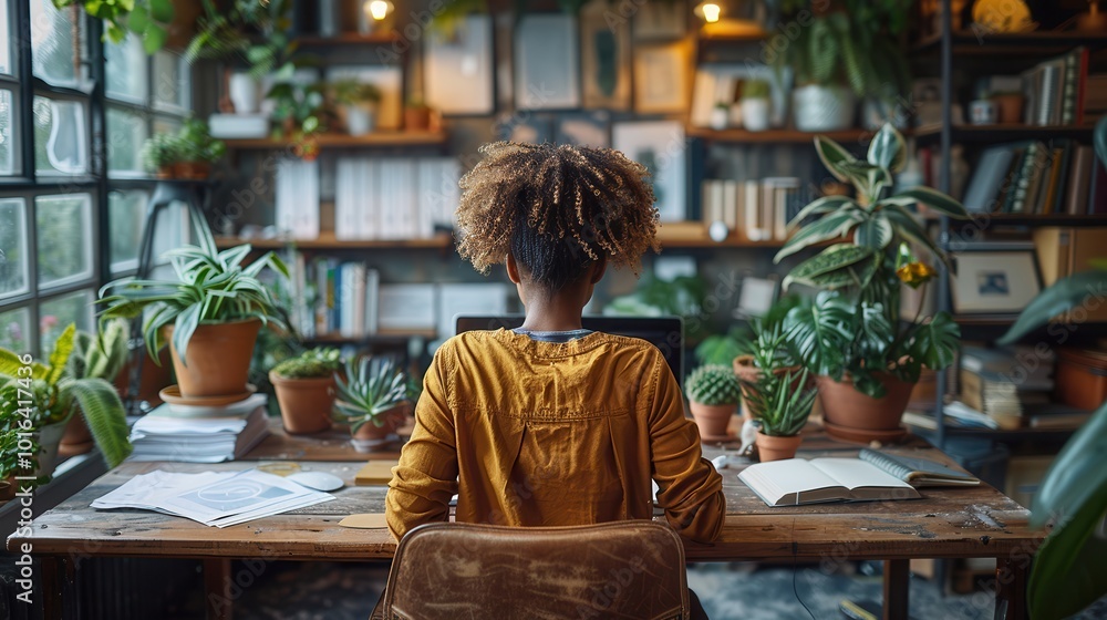 Focused Work in a Lush Indoor Plant Setting Focused Work in a Lush Indoor Plant Setting