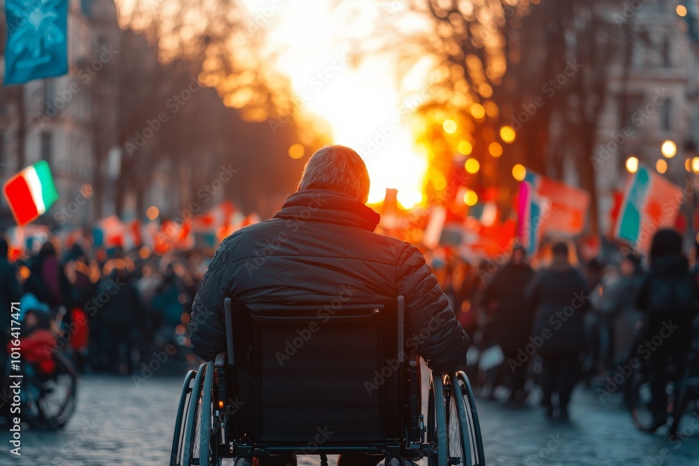 Obraz premium Person in a wheelchair attending a vibrant city street event at night, illuminated with festive lights, symbolizing inclusion and community
