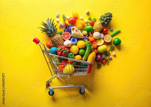 Vibrant Shopping Cart Overflowing with Colorful Items on Bright Yellow Background