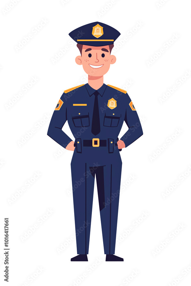 Isolated flat illustration of a smiling policeman in a blue uniform standing. Isolated flat illustration of a smiling policeman in a blue uniform standing.
