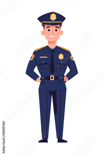 Isolated flat illustration of a smiling policeman in a blue uniform standing.