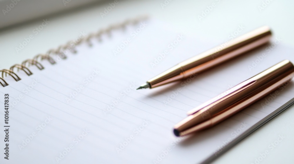 Rose gold metallic pen and notebook set on a clean, minimalist desk, perfect for business or creative visuals Rose gold metallic pen and notebook set on a clean, minimalist desk, perfect for business or creative visuals