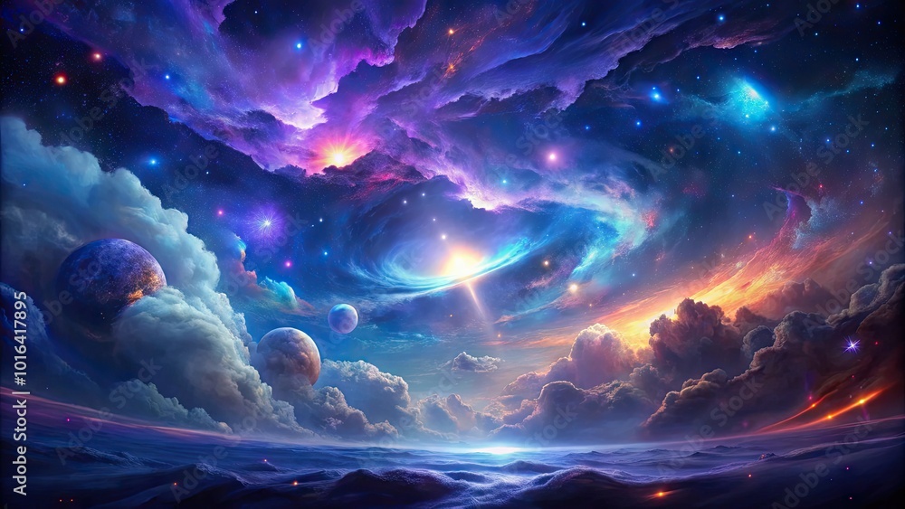 Vibrant, sparkling nebula clouds swirl amidst a stunning cosmic landscape of deep blues and purples, perfect for futuristic, sci-fi, or astronomy-themed 4K background images. Vibrant, sparkling nebula clouds swirl amidst a stunning cosmic landscape of deep blues and purples, perfect for futuristic, sci-fi, or astronomy-themed 4K background images.