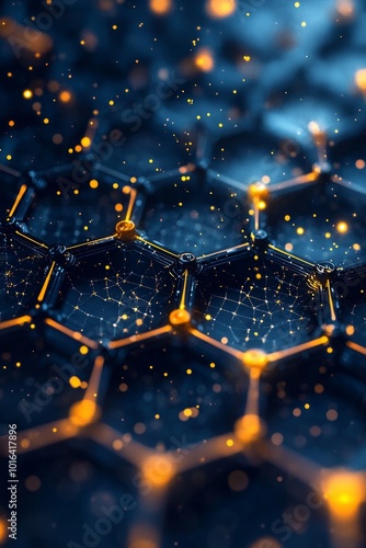 Abstract background with hexagonal golden glowing elements, dark blue and yellow colors.