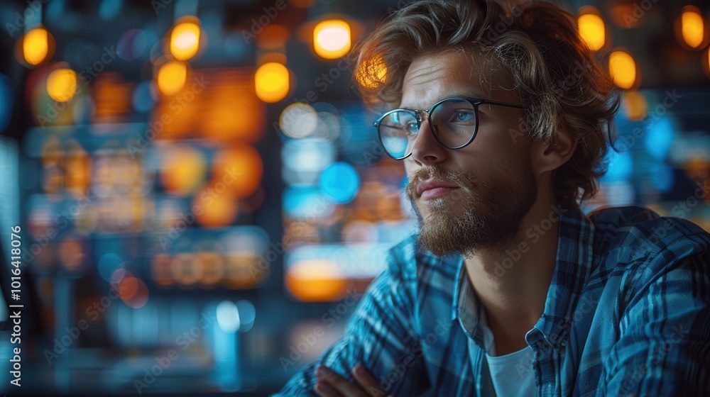 Thoughtful Man in Cozy Workspace with Bright Lights Thoughtful Man in Cozy Workspace with Bright Lights