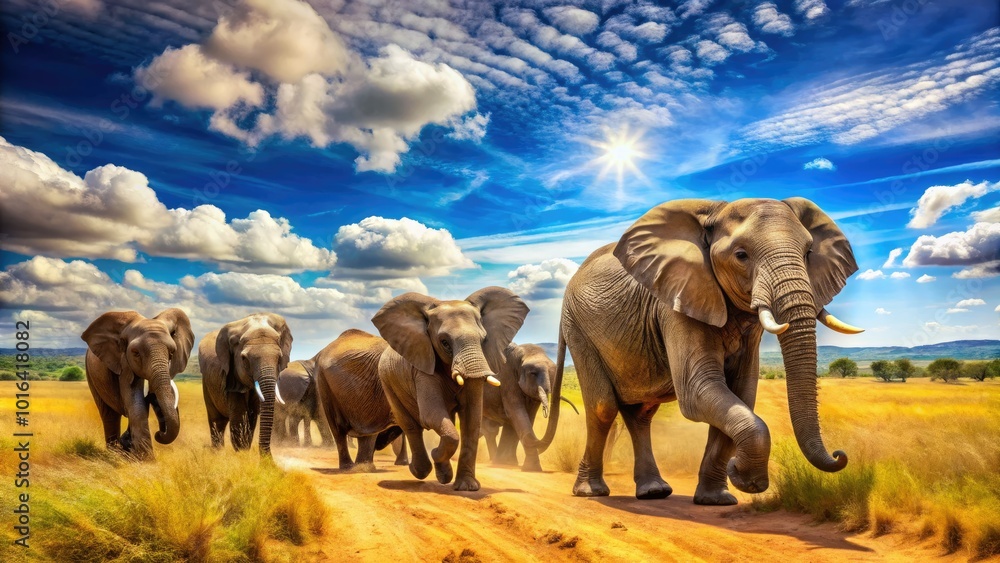 Fototapeta premium Majestic elephants roam freely across the African savanna, basking in the bright sunshine under a vivid blue sky, embodying the spirit of the wild.