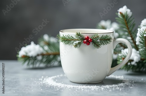 a white ceramic cup with a christmas ornament is standing on a grey table on a background with snowy fir branches. A christmas mockup for a coffee shop. photo