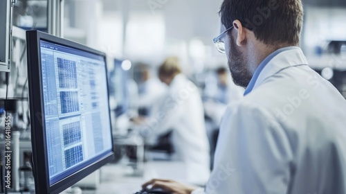 A scientist working at a computer in a laboratory setting, analyzing data and research.