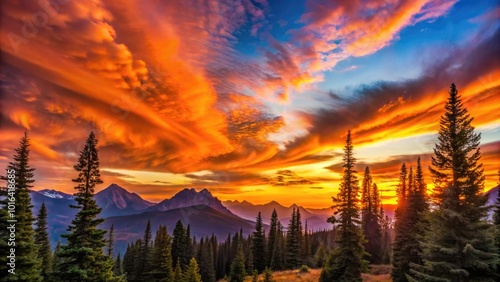 Wallpaper Mural Vibrant sunset sky with orange and pink hues, silhouetted conifer trees, and wispy clouds above a rugged mountain landscape at dusk. Torontodigital.ca