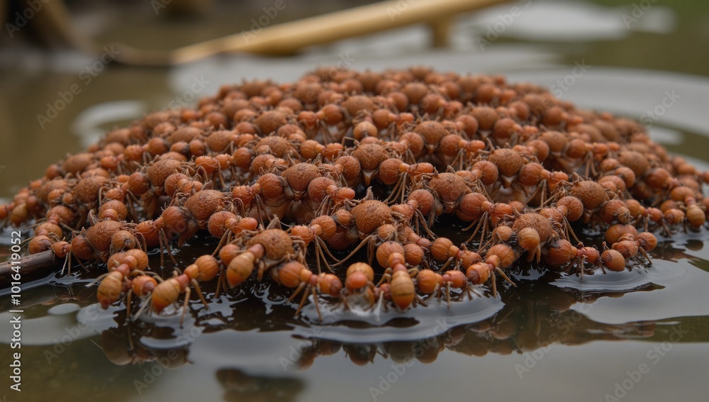 Obraz premium Fire ants construct a floating raft amidst floodwaters linked together intricately