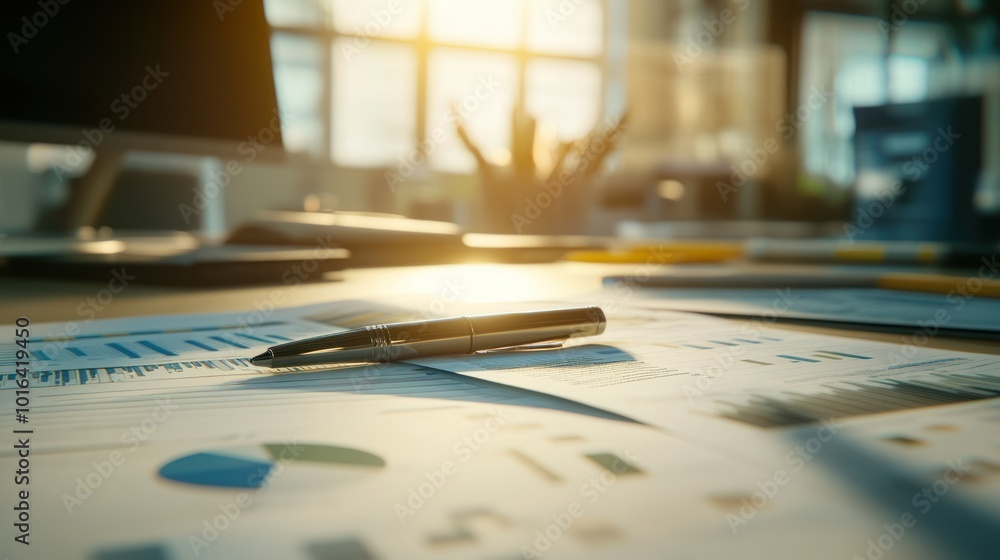 A pen rests on financial documents in a sunlit office, indicating business planning. A pen rests on financial documents in a sunlit office, indicating business planning.