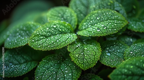 Fresh Green Leaves with Water Drops Macro Photography