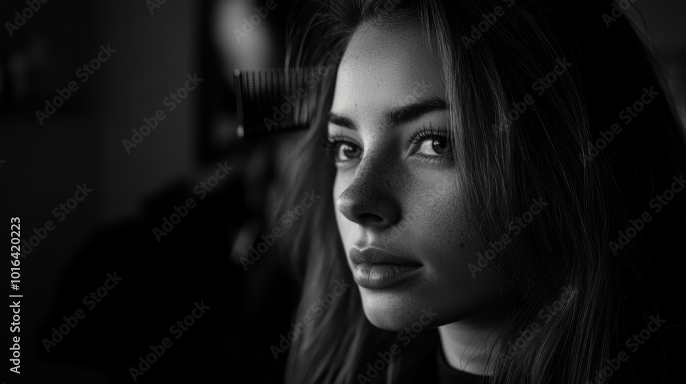 A close-up portrait of a woman with a comb, emphasizing beauty and personal grooming. A close-up portrait of a woman with a comb, emphasizing beauty and personal grooming.