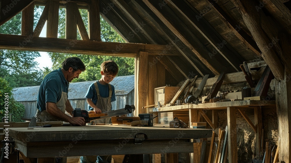 A man and a boy working together in a workshop, focused on woodworking projects. A man and a boy working together in a workshop, focused on woodworking projects.