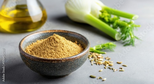 Fennel Seeds and Powder in Bowl with Olive Oil