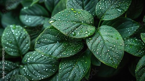 Fresh Green Leaves with Water Droplets in Nature