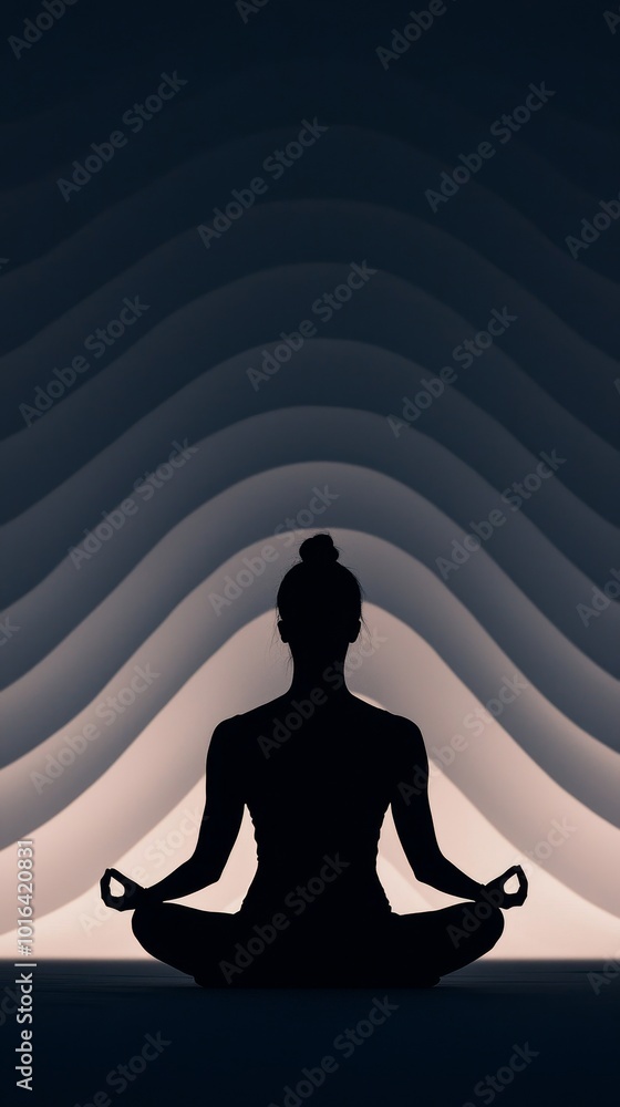Silhouette of a person meditating against a wavy, abstract background. Silhouette of a person meditating against a wavy, abstract background.