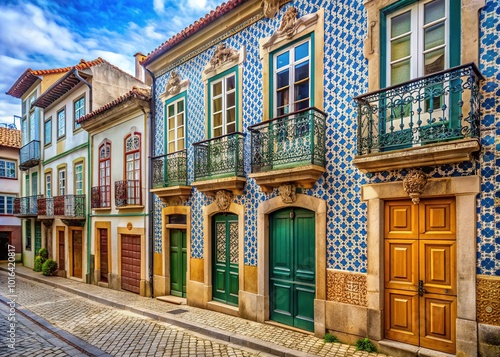 Vibrant pastel-hued historic homes with ornate azulejo tiles, wooden shutters, and ornamental stonework details line the charming cobblestone streets of Portugal's traditional towns. photo