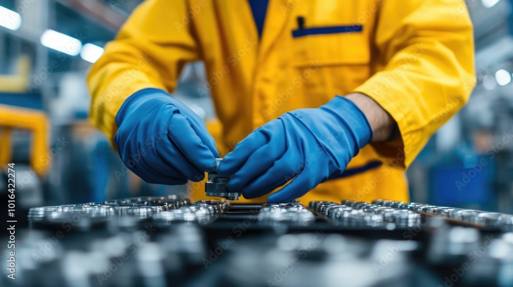 Worker wearing protective gear performing a visual inspection of ...