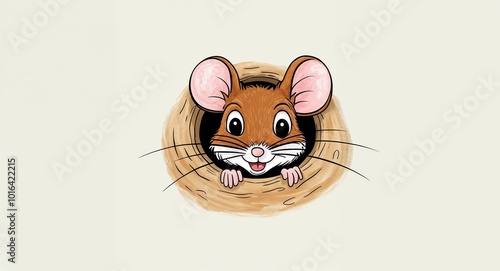 Hand drawing clipart of a spunky little mouse peeking out from a hole on plain white background