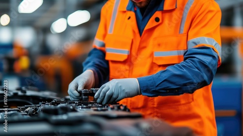 Automotive Factory Worker Conducting Detailed Visual Inspection of Engine Components and Parts During Control Process in Manufacturing Facility