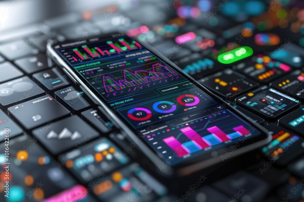Application of Smartphone with business graph and analytics data on isometric mobile phone. Analysis trends and software development coding process concept. Programming, testing cross platform code Application of Smartphone with business graph and analytics data on isometric mobile phone. Analysis trends and software development coding process concept. Programming, testing cross platform code
