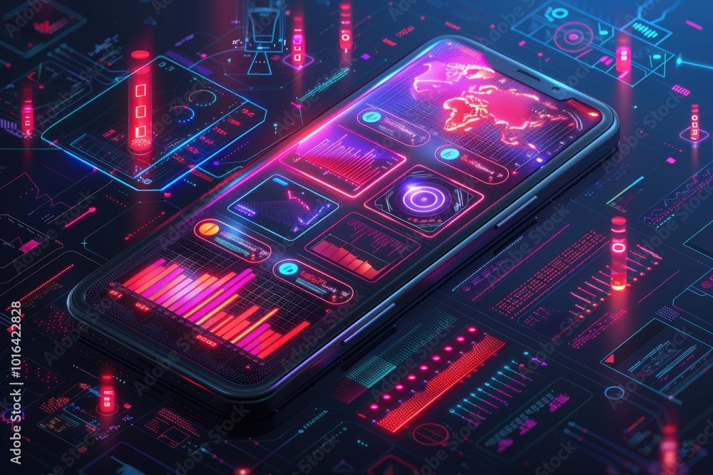Obraz premium Application of Smartphone with business graph and analytics data on isometric mobile phone. Analysis trends and software development coding process concept. Programming, testing cross platform code