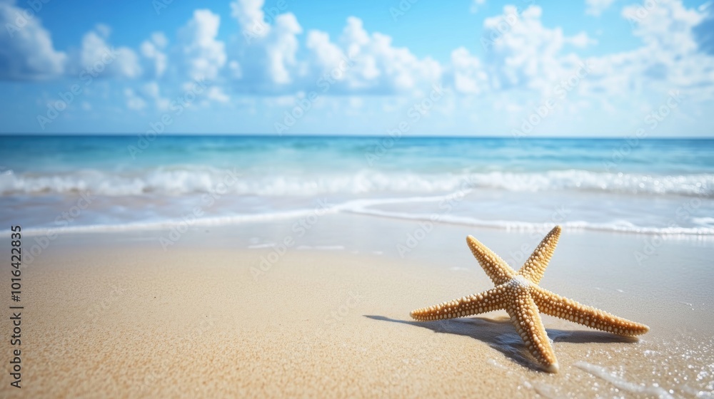 Starfish on sandy beach with ocean waves Starfish on sandy beach with ocean waves