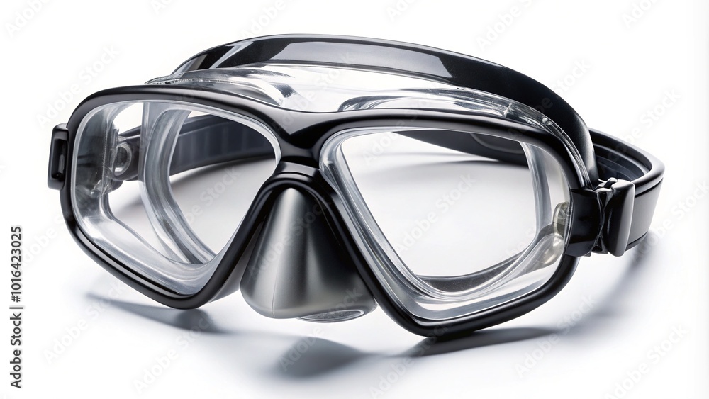 Close-up of scuba diving goggles on a white background, showcasing the mask's transparent lens, rubber skirt, and adjustable straps in high-contrast clarity. Close-up of scuba diving goggles on a white background, showcasing the mask's transparent lens, rubber skirt, and adjustable straps in high-contrast clarity.