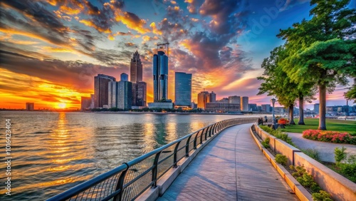 Scenic Views of Detroit Riverwalk at Sunset with City Skyline and Waterfront Landscape Beauty