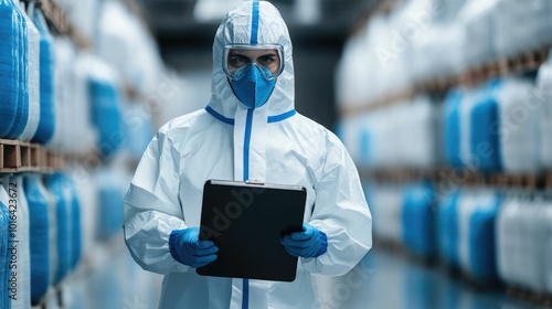 Industrial Inspector Wearing Protective Suit and Mask Scanning and Inspecting Products for Contaminants in a Pharmaceutical or Chemical Manufacturing Warehouse photo