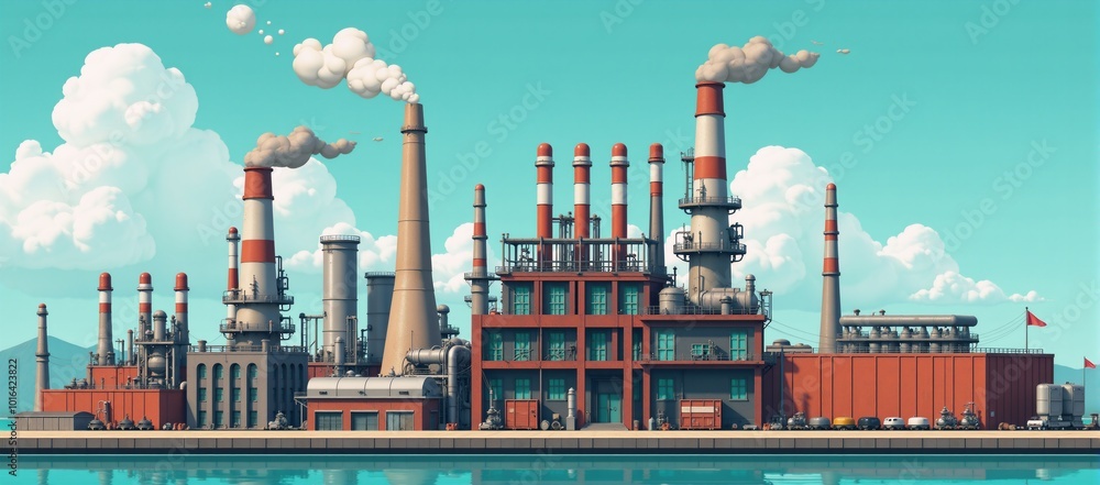 Obraz premium Cartoon illustration Oil Refinery Power Plant Factory Short Prompt Version 2 Illustrated depiction of an oil refinerypower plant complex