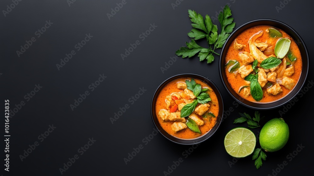 Curry dish in stylish black bowls. Thailand Thai tradition red curry soup. Curry dish in stylish black bowls. Thailand Thai tradition red curry soup.