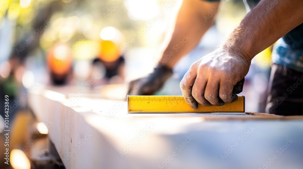 A person measuring wood with a ruler on a construction site. A person measuring wood with a ruler on a construction site.
