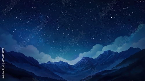 Starry night sky over mountains and clouds