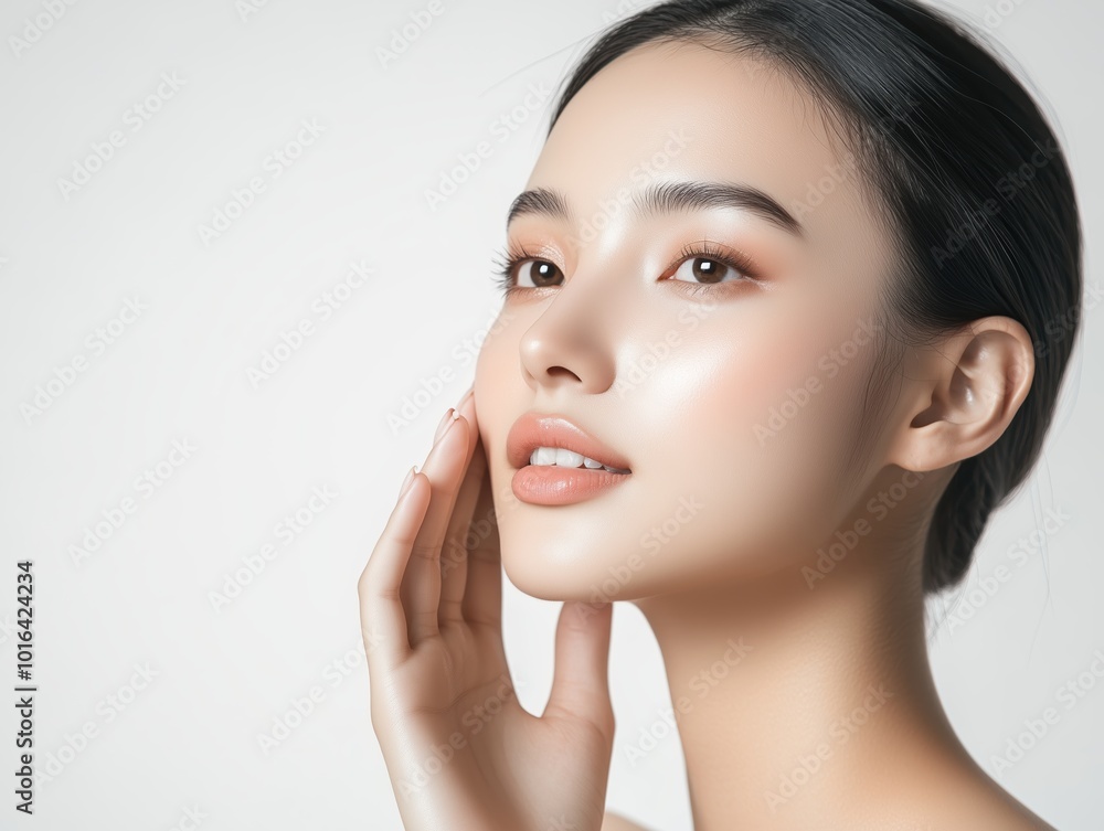 Close up beauty portrait of a laughing beautiful japanese woman applying face cream and looking away isolated over color background Close up beauty portrait of a laughing beautiful japanese woman applying face cream and looking away isolated over color background