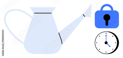 A simple blue watering can with a spout is next to a blue padlock and an analog clock. Ideal for themes of gardening, security, time management, scheduling, and organization. Minimalist style photo